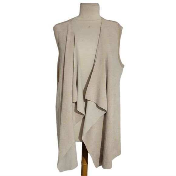 Calvin Klein Sweater Beige Vest Sleeveless Drape Open Front Faux Suede - Picture 8 of 10